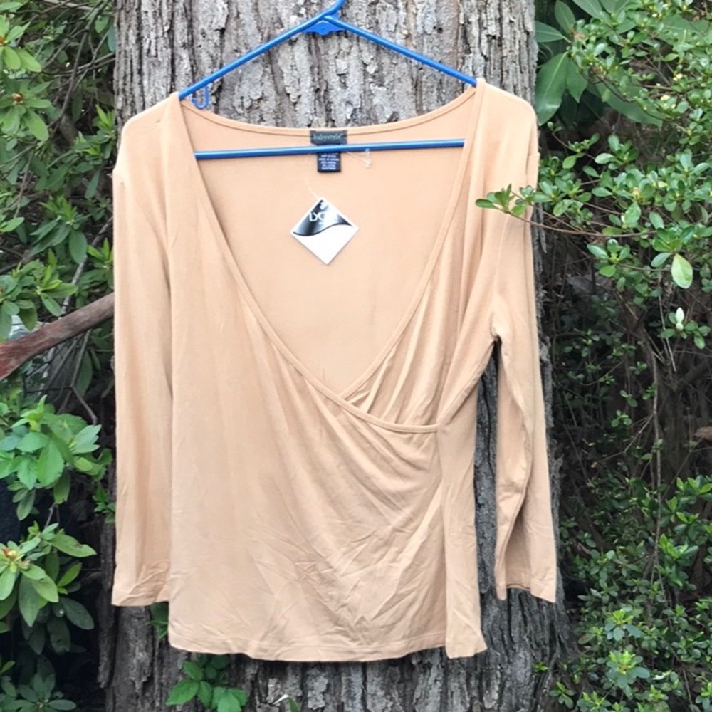 NWT BabyStyle Tan 3/4 Sleeves Maternity Nursing Top V-Neck Lycra Blouse XL